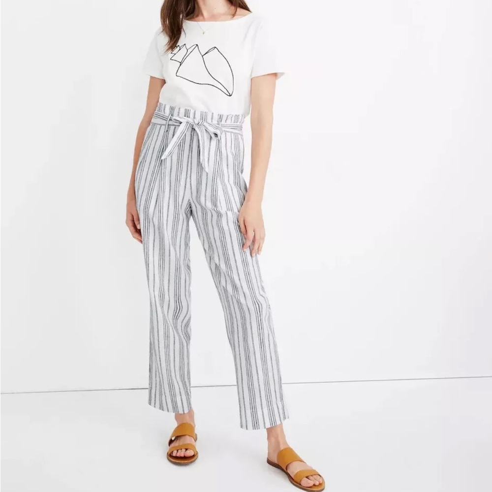 Madewell Linen Cotton Paperbag Pants Womens 6 Blue Dark Baltic Stripe Tie waist